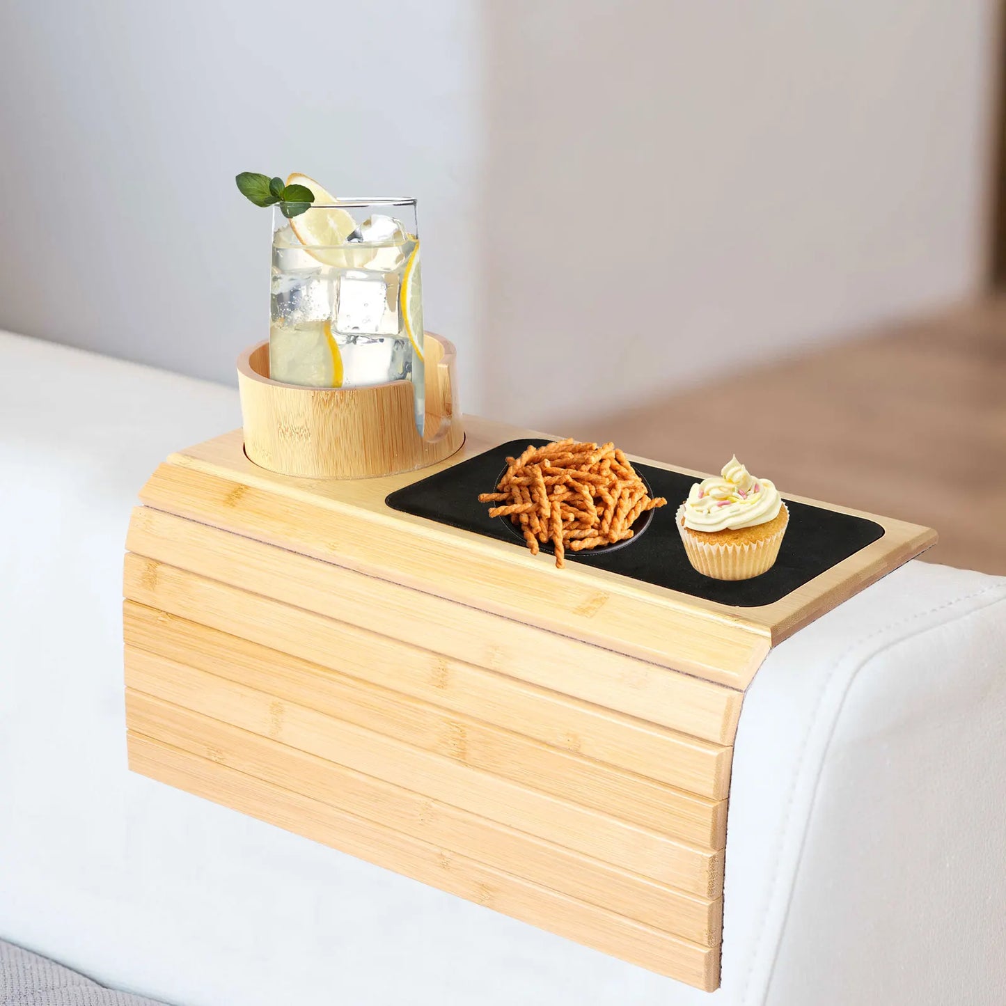 Anti-Slip Bamboo Sofa Tray - Stylish & Secure Storage Right On Your Sofa Arm