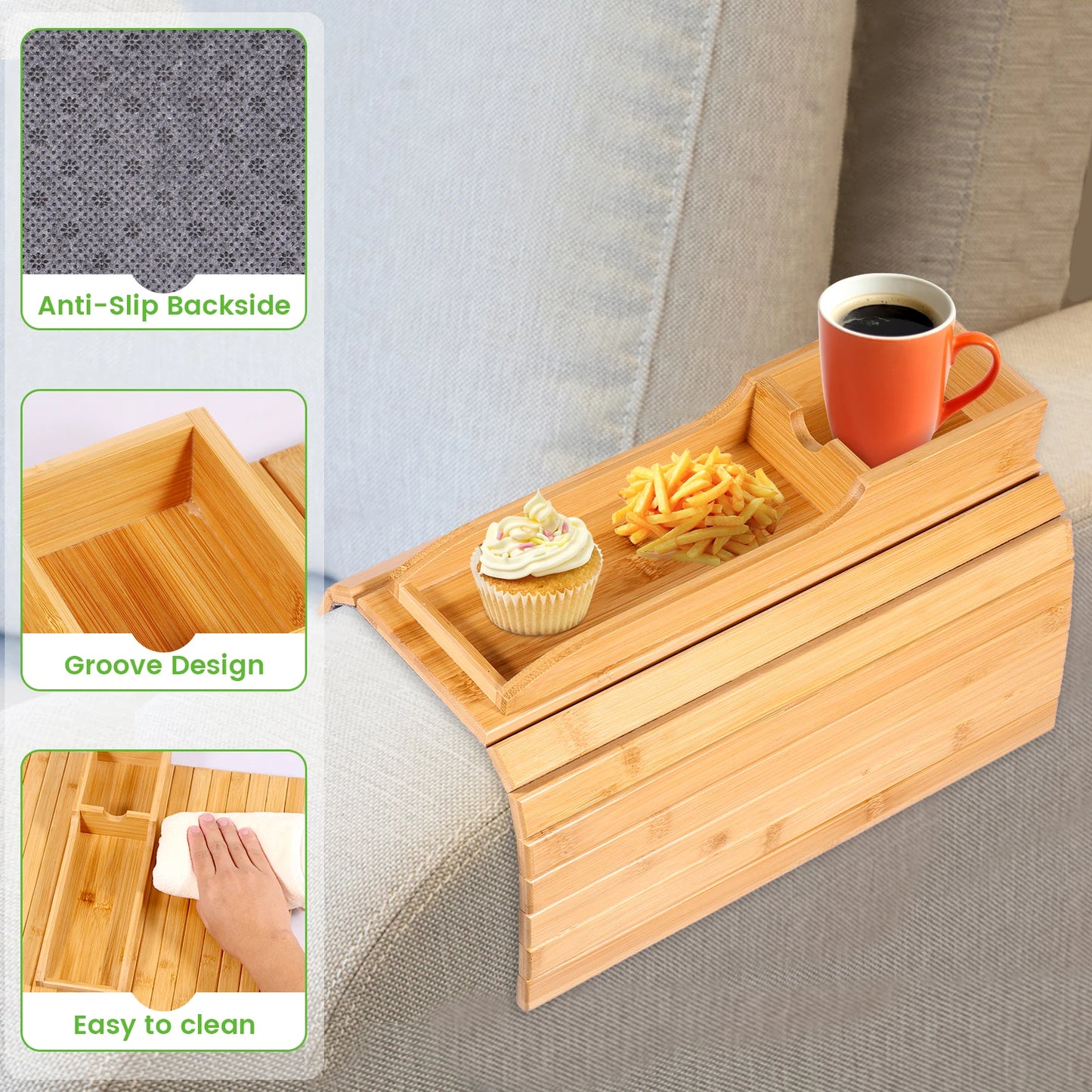 Anti-Slip Bamboo Sofa Tray - Stylish & Secure Storage Right On Your Sofa Arm