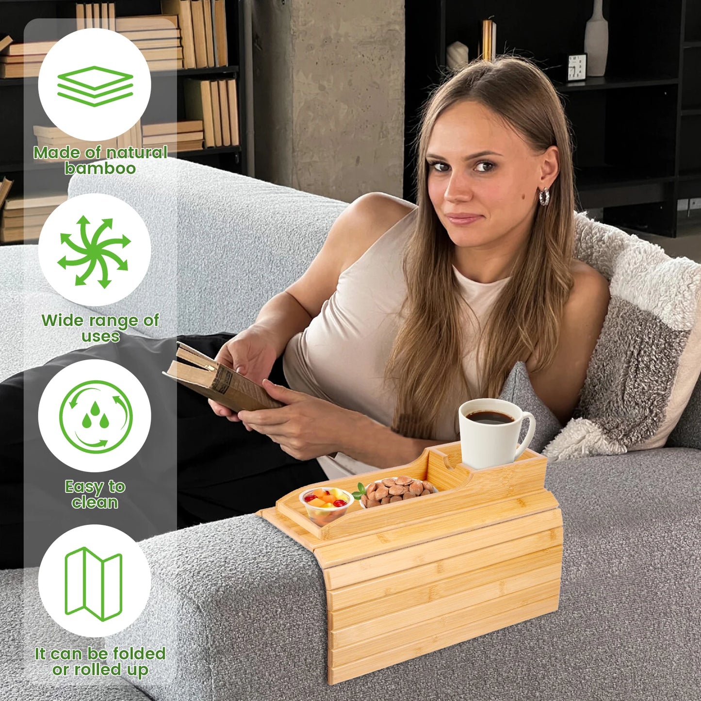 Anti-Slip Bamboo Sofa Tray - Stylish & Secure Storage Right On Your Sofa Arm