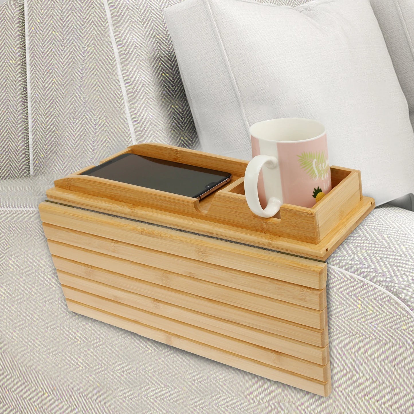 Anti-Slip Bamboo Sofa Tray - Stylish & Secure Storage Right On Your Sofa Arm