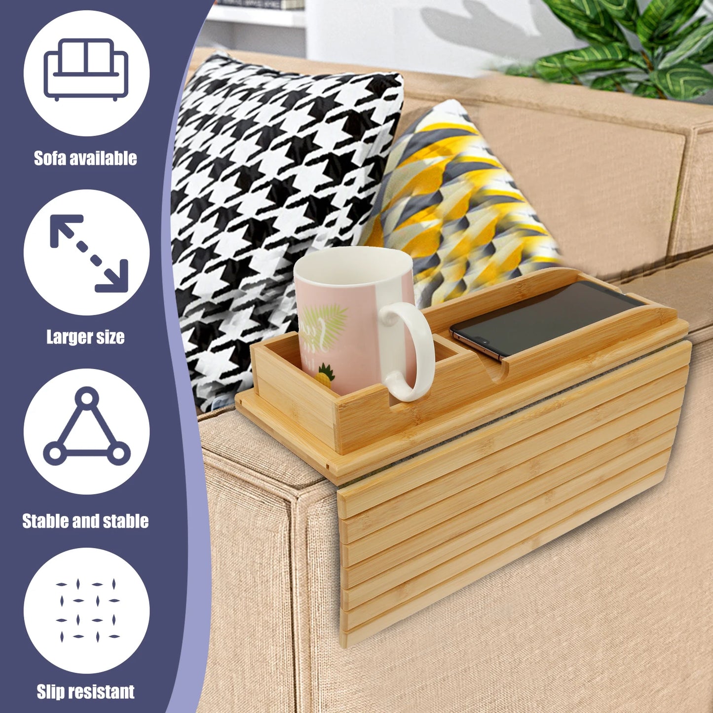 Anti-Slip Bamboo Sofa Tray - Stylish & Secure Storage Right On Your Sofa Arm