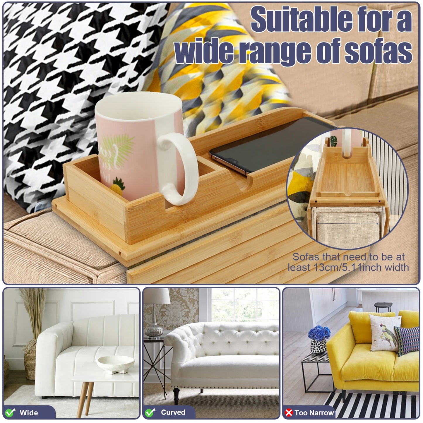 Anti-Slip Bamboo Sofa Tray - Stylish & Secure Storage Right On Your Sofa Arm