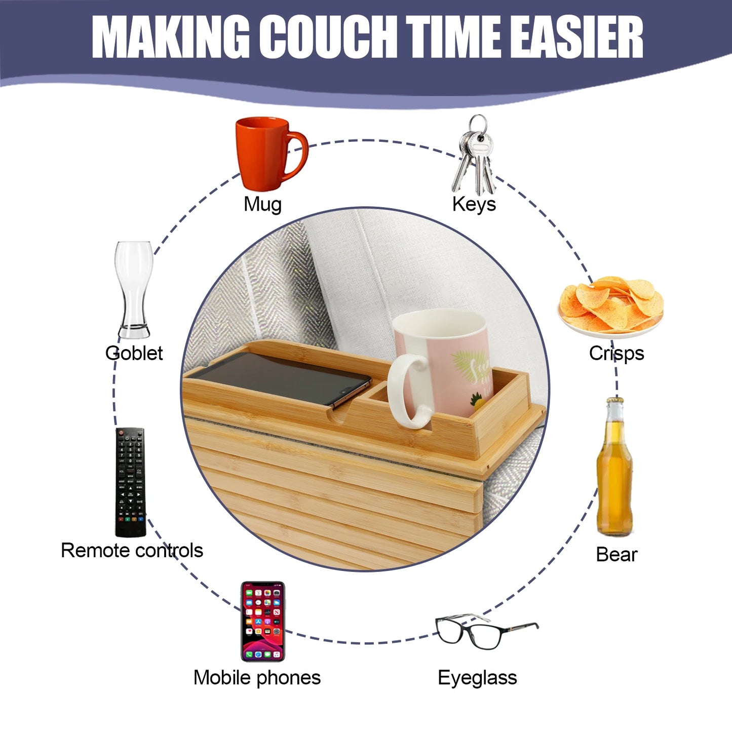 Anti-Slip Bamboo Sofa Tray - Stylish & Secure Storage Right On Your Sofa Arm