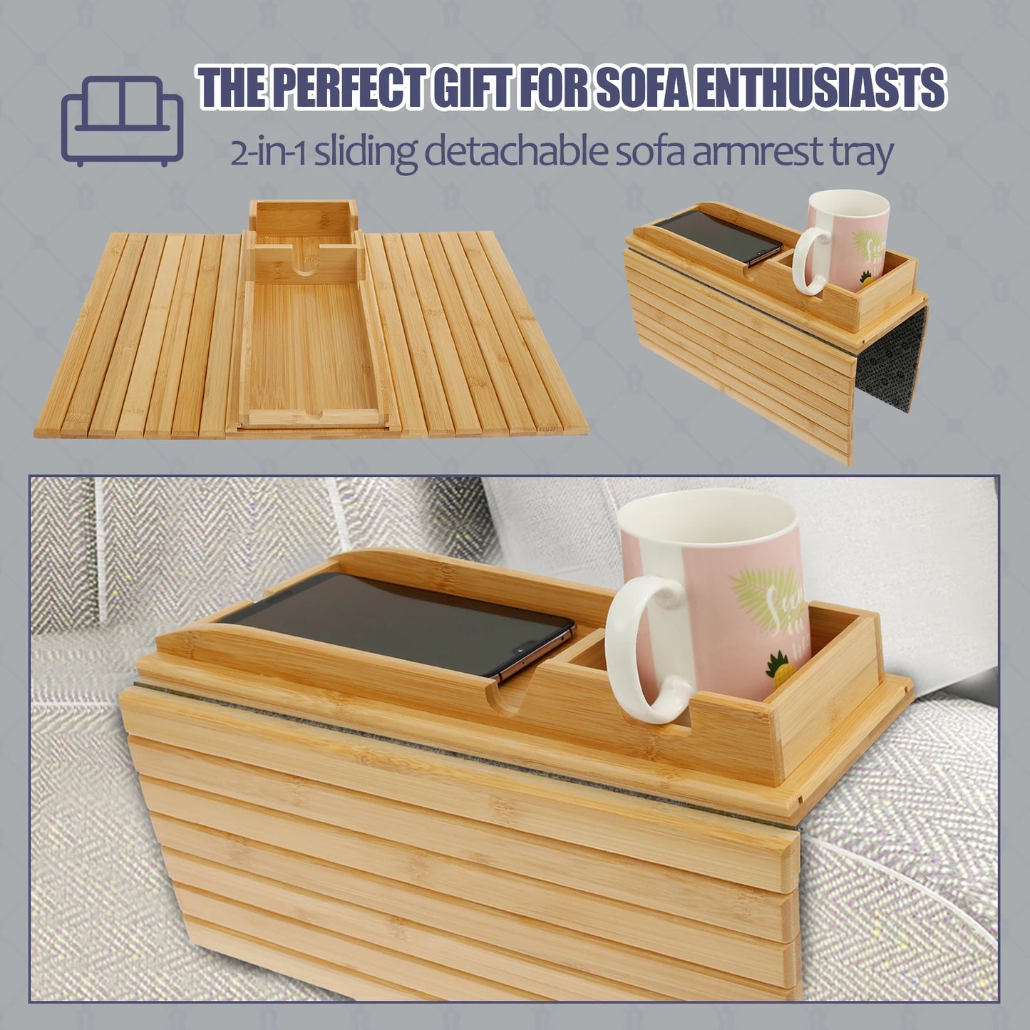 Anti-Slip Bamboo Sofa Tray - Stylish & Secure Storage Right On Your Sofa Arm